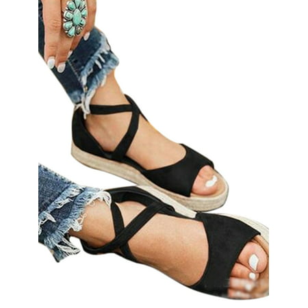 Womens Flat Platform Espadrilles Sandals Summer Beach Ankle Strap Peep Toe (Best Black Summer Sandals)