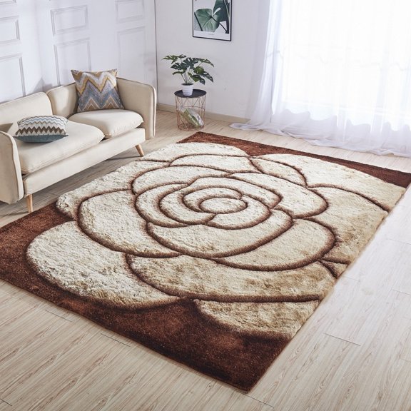 Soft Fluffy 3D Viscose Feel Flower Gold Brown Shag Area Rug/Carpet