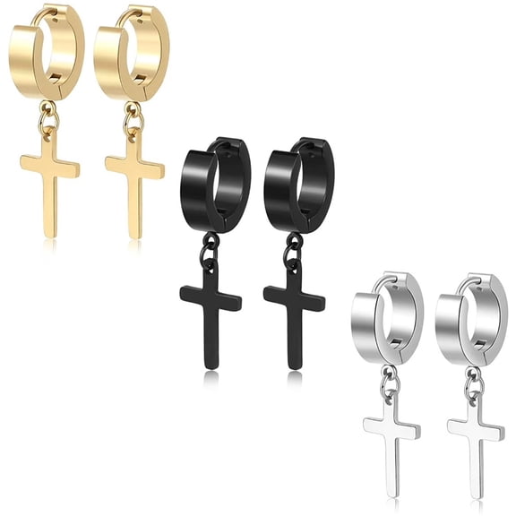 3 Pairs of Cross Earrings Dangle Hinged Men Earrings Stainless Steel Cross hoop Earrings for Men and Women