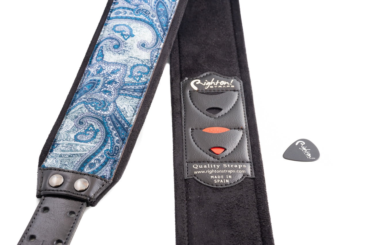 RightOn! Straps Paisley Velvet-70 Wide Genuine Leather Guitar Strap BLUE