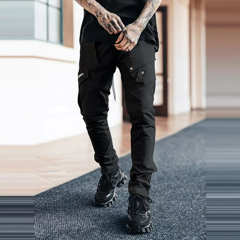 Black Mens Cargo Pants Male All Season Fit Pant Casual All Solid Color  Pocket Trouser Fashion Overalls Beach Pockets Straight Pant