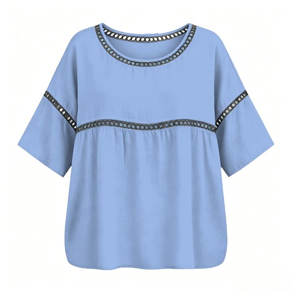Womens Tops Short Sleeve 3 4 Sleeve Lace Patch Casual Round Neck Loose Fit Trendy Blouses Shirts Oversized Tshirts