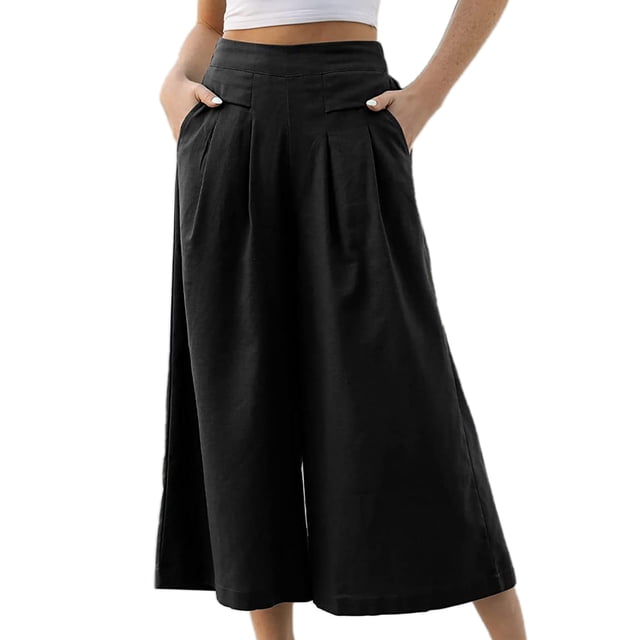 Pantalones casuales con cintura plisada y bolsillos para mujer, pantalones negros de pierna ancha XL