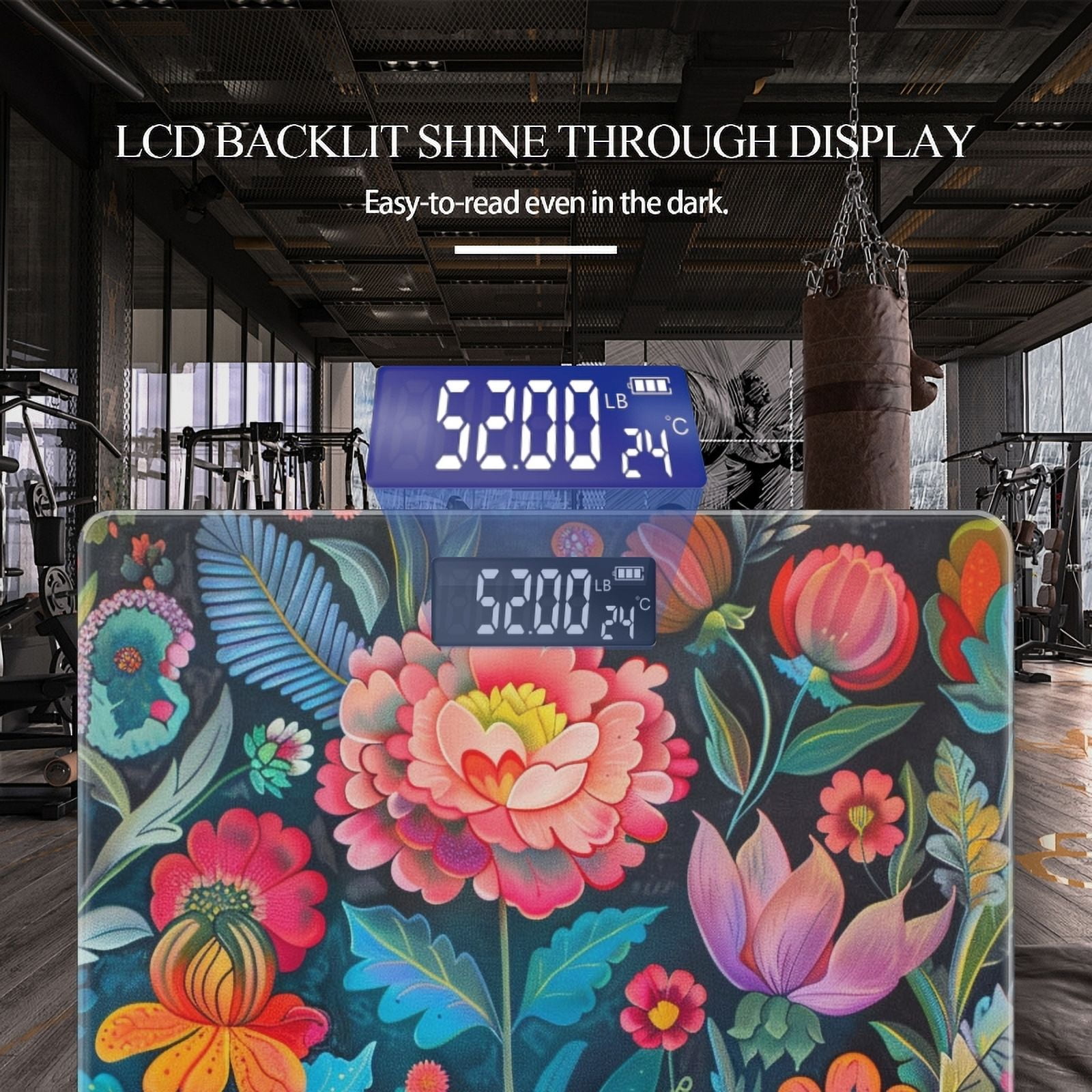 Bathroom Scale, Highly Accurate Digital Body Scale,Precisely Measures Weight up to 400 lbs-Detailed Painting Of Flowers And Leaves On Black