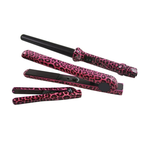 Herstyler Complete Flat Iron and Curling Iron Set, Dual Voltage, Pink Leopard