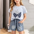 thumbnail image 2 of Girls Cotton 2 Piece Outfits Summer Cute Short Sleeve Rhinestone Bow Printed T-Shirt and Elastic Waist Denim Shorts Set Light Blue 1-2Years, 2 of 9