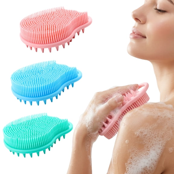 Abaima 3 Pcs Silicone Exfoliating Body Scrubber for Women Men, Silicone Body Shampoo Brush, Soft Silicone Loofah for Sensitive Skin in 3 Color, Shower Silicone Hair Scalp Massager, Lather Well