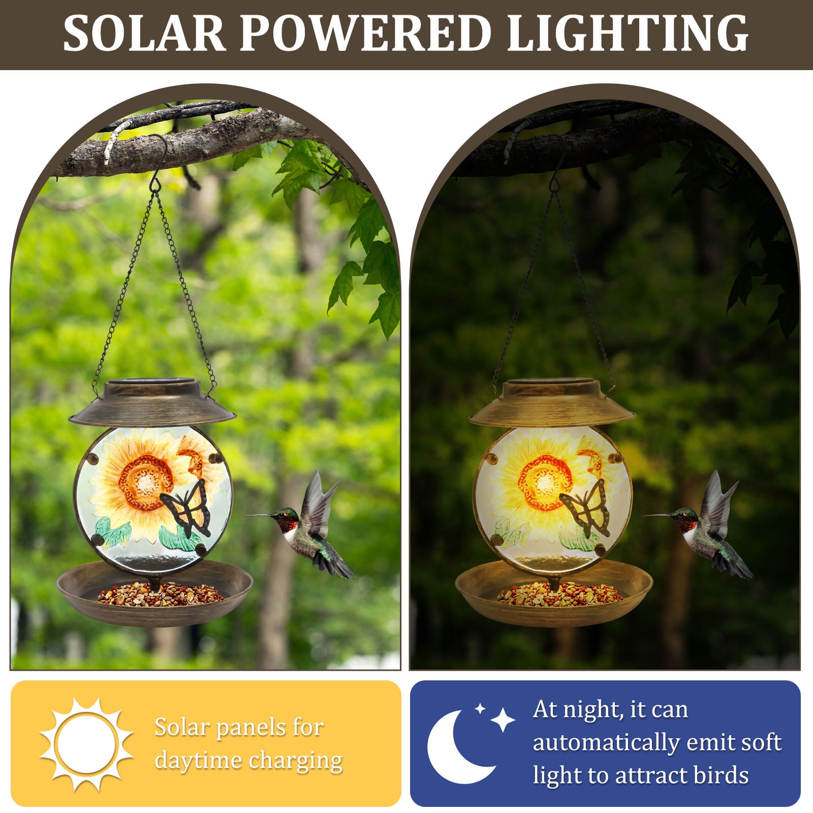 Threns Decorative Solar Bird Feeder Iron and Glass Solar Hummingbird Feeder with Hand Painted Pattern for Yard Patio Garden Outdoor