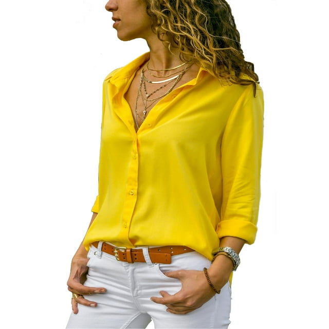 Tunique T-Shirt à Boutons pour Femmes Grande Taille, Col Rabattu Décontracté, Hauts Blouse, Manches Longues Retroussables, Chemise Ample