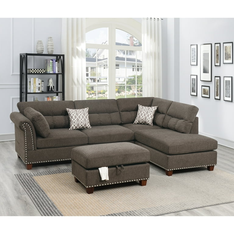 Sectional Sofa Tan Color Velvet Fabric Reversible Chaise Sofa