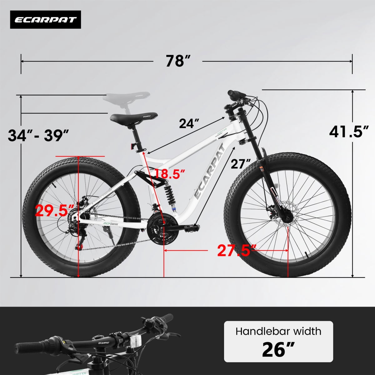 LuckyNote 26" Mountain Bike Full-Suspension 21 Speeds Disc-Brake, 26x4" Fat Tire Bike for Men