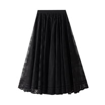 SWSMCLT Women's Pleated Skirt Lace Tulle Summer Mid Rise Skirt A Line Fitted Casual Elastic Waist Calf Length Black Small-Large