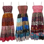 Mogul Womens Boho Fashion Maxi Dress Recycled Vintage Sari Patchwork Sundress Wholesale Lot Of 3 Pcs
