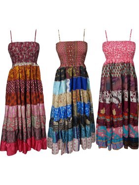 Mogul Womens Boho Fashion Maxi Dress Recycled Vintage Sari Patchwork Sundress Wholesale Lot Of 3 Pcs