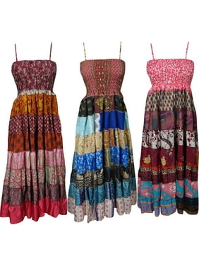 Mogul Womens Boho Fashion Maxi Dress Recycled Vintage Sari Patchwork Sundress Wholesale Lot Of 3 Pcs