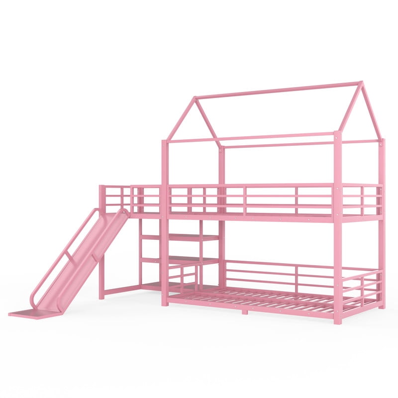 Twin-Over-Twin Metal House-Shaped Bed Frame with Multi-Functional Storage Stairs, Kids Bunk Bed with Slide