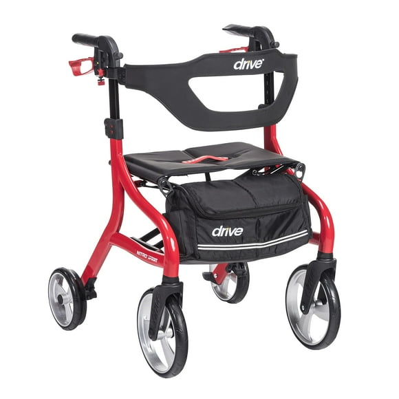 Andador plegable Drive Medical Nitro Sprint con asiento, altura estándar, ligero, con ruedas grandes, color rojo