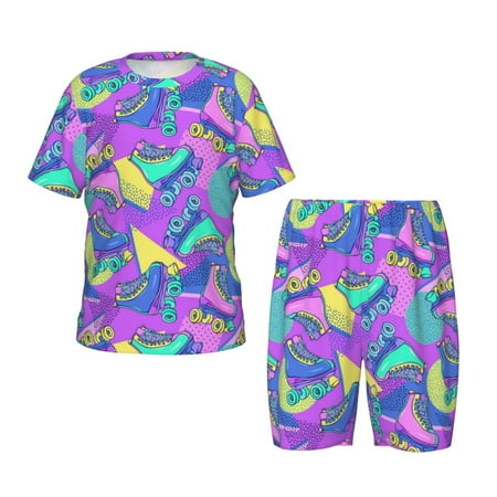 Luyuia Disco Roller Skates Print Girls  2-Piece Tie-Dye Pajama Set  Cute Summer Loungewear with Shirt and Tank Shorts Nightwear-XX-Large
