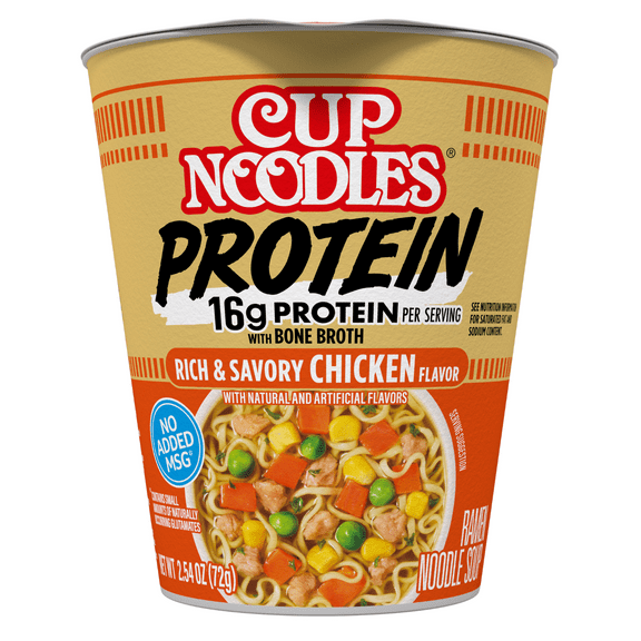 Nissin Cup Noodles Protein Ramen, Chicken Flavor with Bone Broth, 16g Protein, 2.54 Ounce Cup