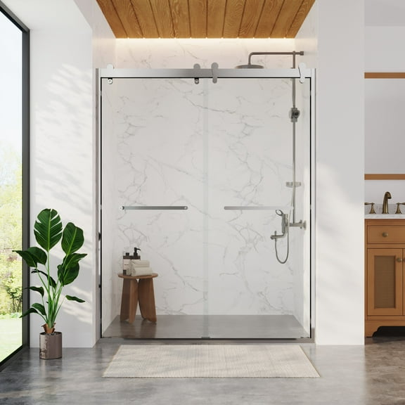 DV-1SD0246S 56 In. - 60 In. W X 76 In. H Double Sliding Semi-Frameless Shower Door with 10mm Tempered Clear Glass