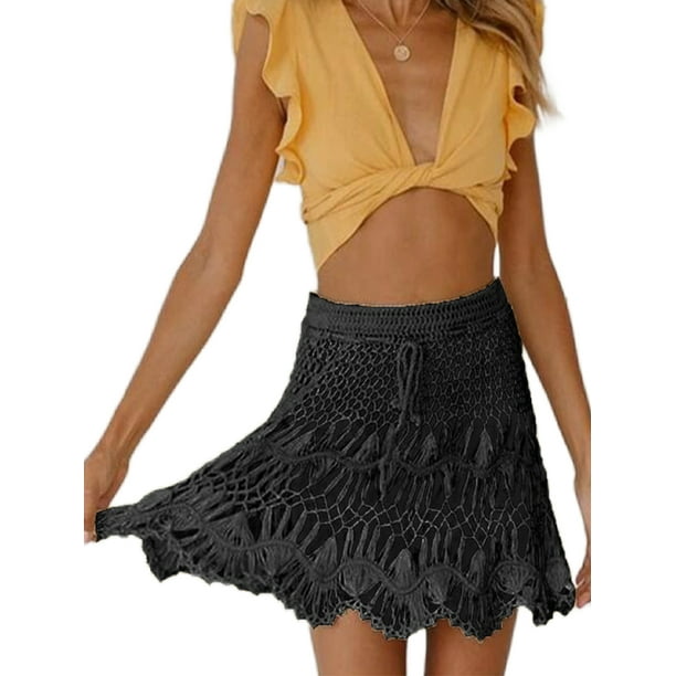 Grianlook Bohemian Summer Skirts for Women Crochet Beachwear Swimsuit See Through Bikini Bathing