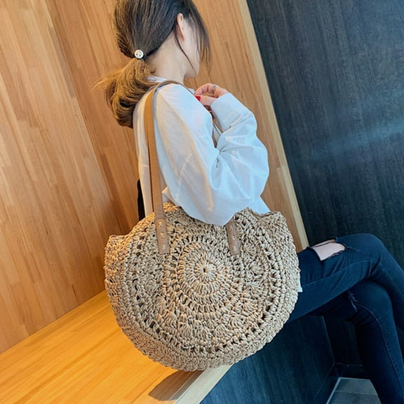 Clispeed Bohemian Casual Bag Khaki Handmade Round Straw Tote Comfortable Shoulder Strap for Travel