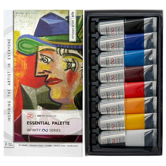 ZenART Ensemble de Peintures à l'Huile Professionnelles - 8 x Grands Tubes de 50ml - Palette Essentielle pour Artistes, Peinture Écologique, Non Toxique et Légère avec Charge de Pigment Exceptionnelle - la Série Infinity