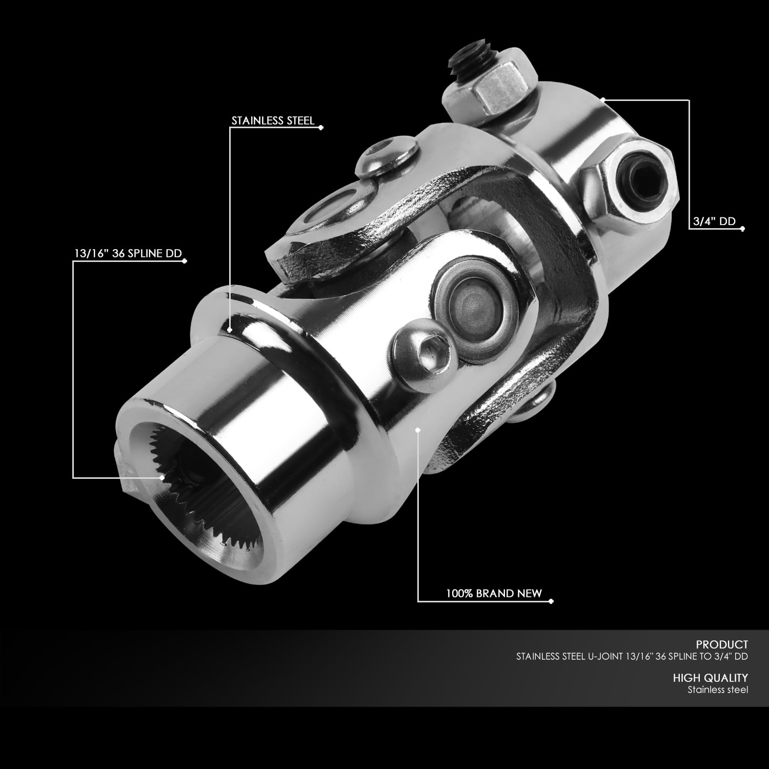 Universal 3.2" Length 38 Degree Working Angel 13/16"-36 Spline X 3/4" DD Stainless Steel Single Steering Shaft U-Joint