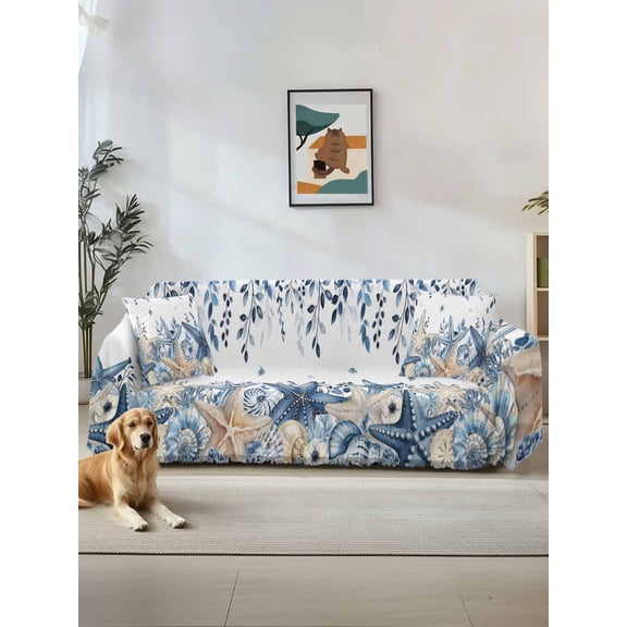 Blue Coastal Starfish Couch Cover for 2 Cushion Couch, Beach Nautical Shell Eucalyptus Summer Washable Love Seat Sofa Covers Slipcover, Throw Sofa Covers for Pets, Furniture Protector 71"x102"