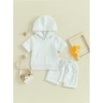 thumbnail image 2 of FEORJGP Toddlers Baby Summer Shorts Set Little Boys Girls Short Sleeve T-shirt Hooded Sweatshirt Slit Tops with Drawstring Shorts Solid Color 2-piece Outfit Loose Casual Activewear, 2 of 9
