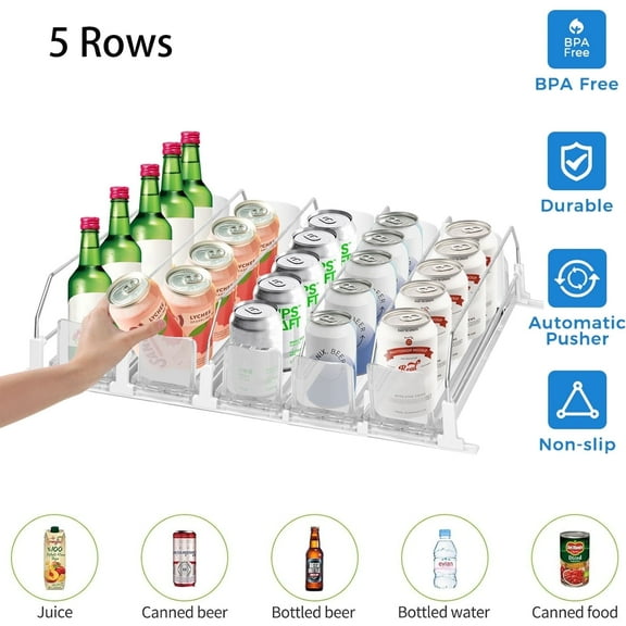 Drink Organizer for Fridge, Soda Can Organizer Self-Pushing Glide Drink Dispenser for Refrigerator, Can Dispenser Rack for Coke, Sprite, Seltzer, Beer, Holds up to 25 Cans (5 Rows)