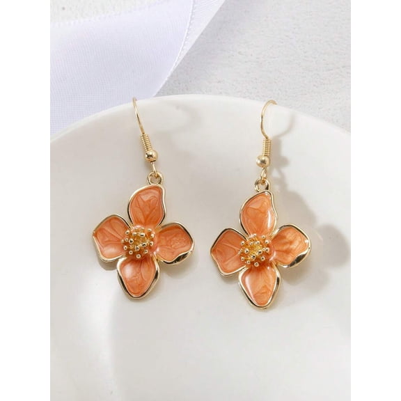 Orange Enamel Floral Dangle Earrings With Goldtone Setting