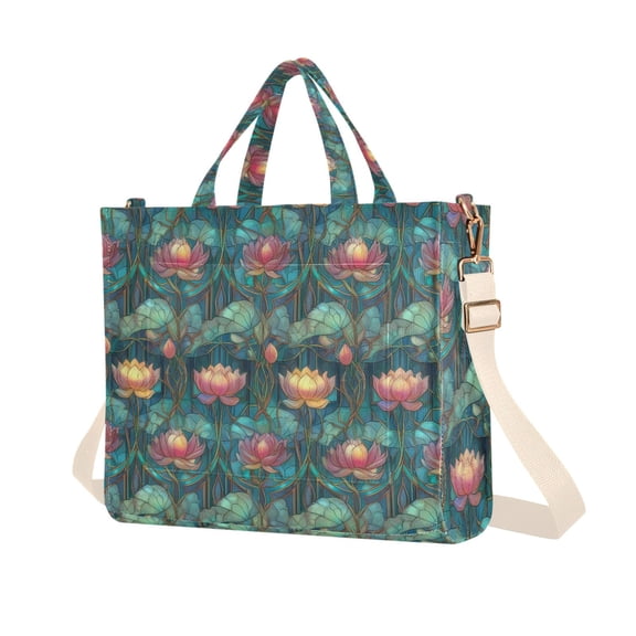 FORMRS Womens Corduroy Tote Bag Crossbody Shoulder Purse Handbag with Detachable Strap, Art Water Lilies Pattern