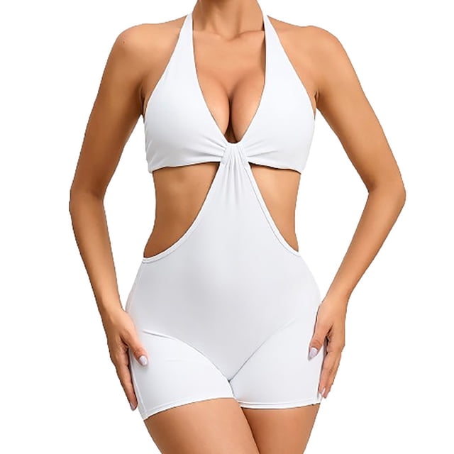 AherBiu Yoga Bodysuits for Women Cutout Waist Halter Deep V Neck Backless Slim Workout Short Jumpsuits Rompers