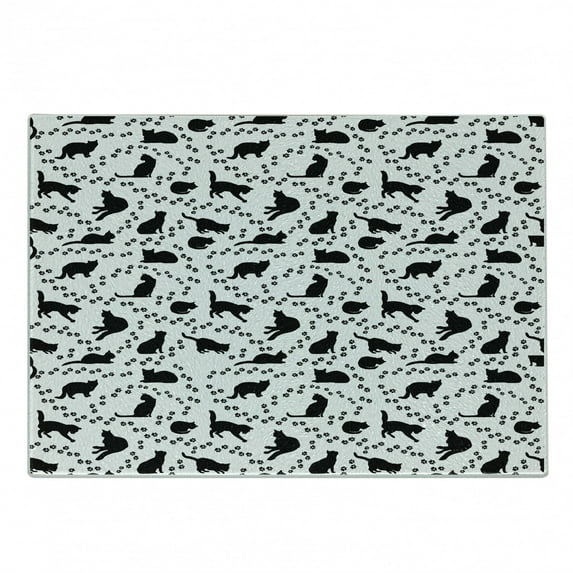 Cat Cutting Board, Cat Silhouette and Animal Tracks Pattern Paws Footprints Kitties Different Poses, Decorative Tempered Glass Cutting and Serving Board, Small Size, Black and White, by Ambesonne