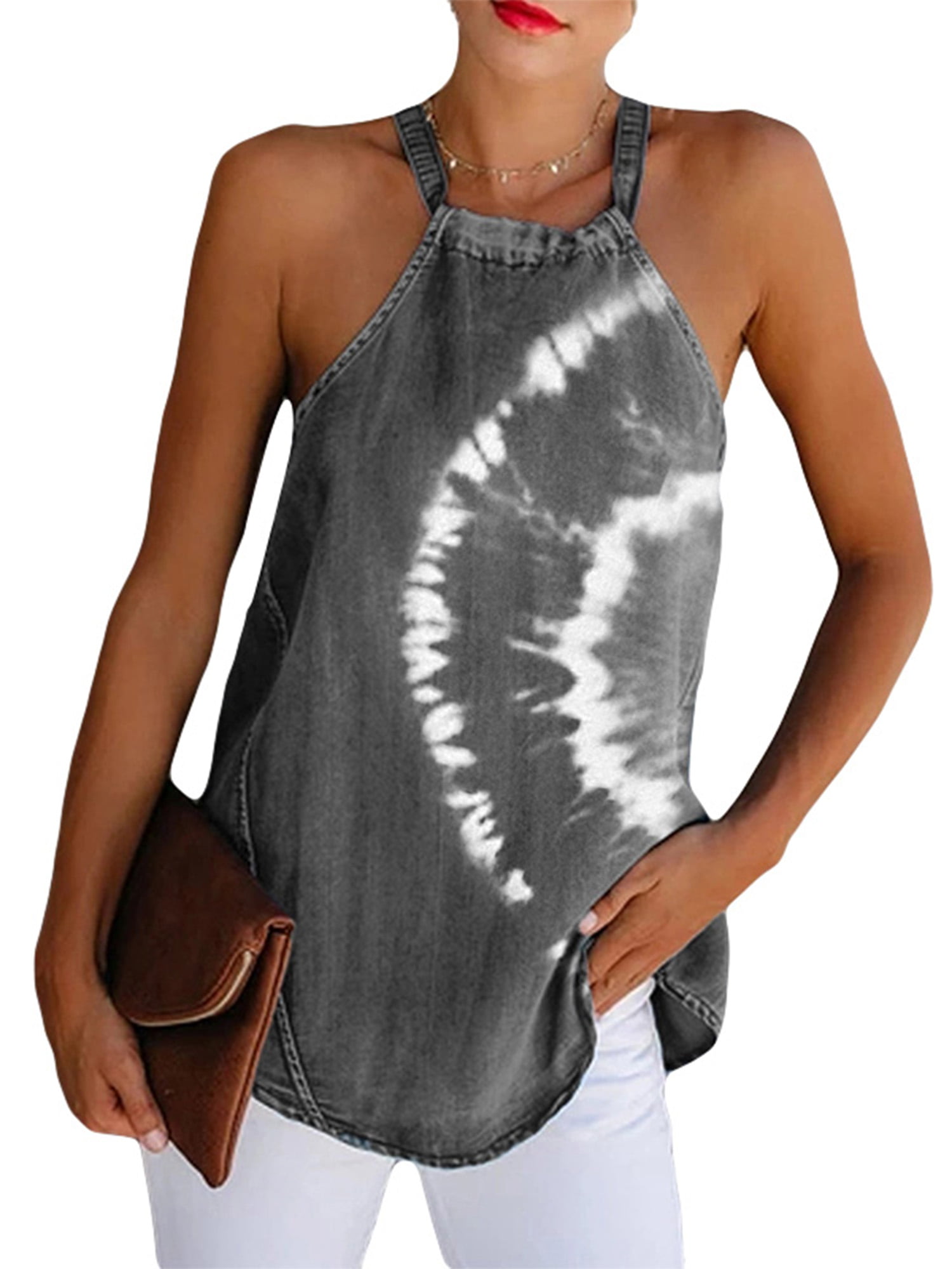 Tsmile Womens Gradient Color One Shoulder Sleeveless Vest Fashion Camisole Tie Dye Printed Cropped Tank Tops 