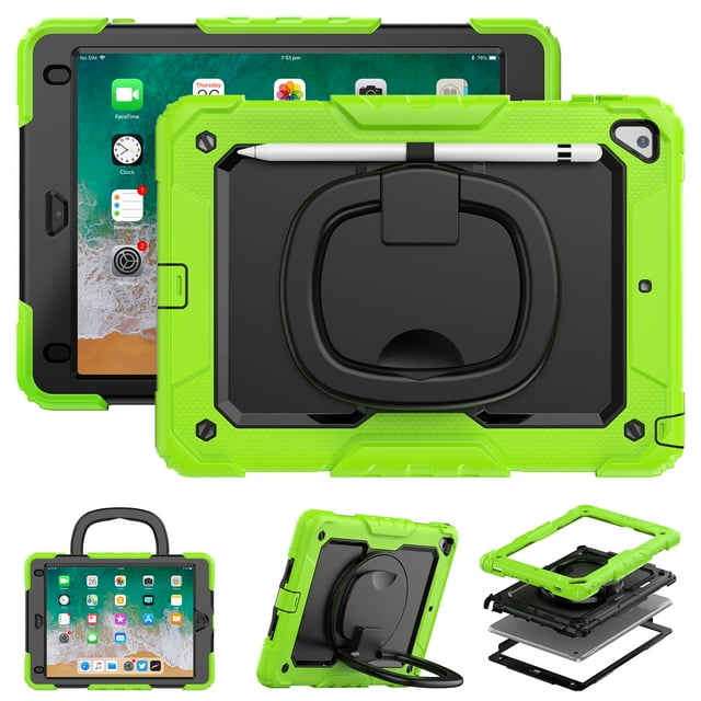 for iPad 6th/5th Generation Case 9.7 inch 2018/2017, 360 Rotating Shockproof Cover with Stand, Handle, Shoulder Strap, Lime