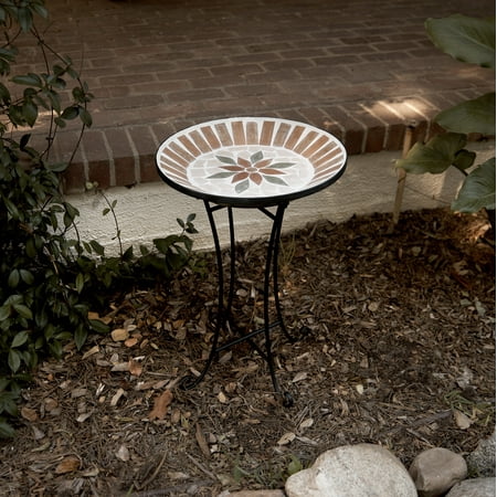 25" Outdoor Decorative Mosaic Birdbath with Metal Stand - Alpine Corporation: Weather-Resistant Iron Base