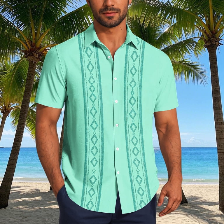 Cuban Guayabera Shirts for Men Vintage Short Sleeve Casual Button