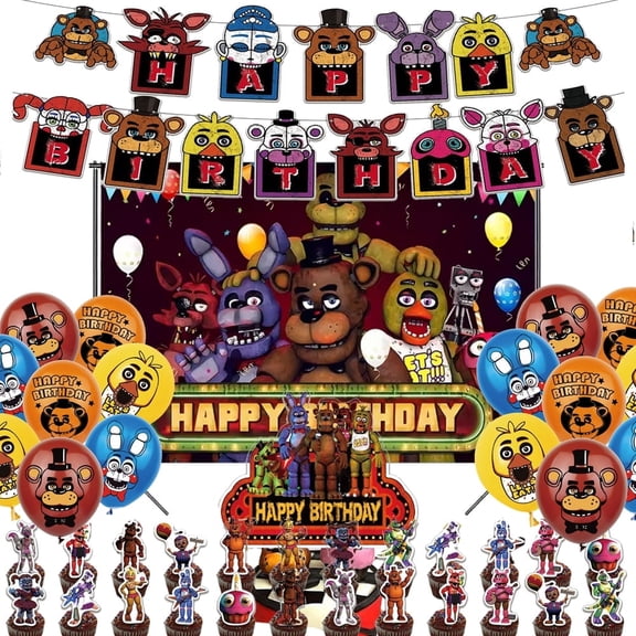 Five Nights Birthday Party Supplies Includes Banner,Cake Topper, Blackdrop,Balloons for Baby Shower Boys Girls Birthday Supplies Teddy Bear Gifts