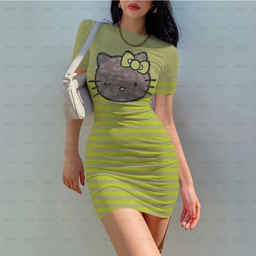 Hello Kitty Dress Woman Cartoon Print Bodycon Slim Pencil Sheath Dress Chic Fashion Women Mini 7667