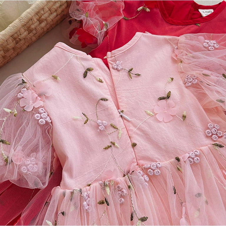 VNKIDY Girls Dresses Kids Elegant Crewneck Floral Embroidered Tulle Dress  With Puff Short Sleeves For Special Occasions Trendy Dress - Walmart.com