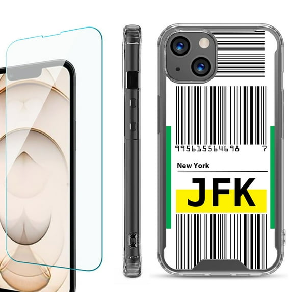 Shockproof Bumper Phone Case for iPhone 13, with Tempered Glass Screen Protector, by OneToughShield ® - Airport Tag / New York