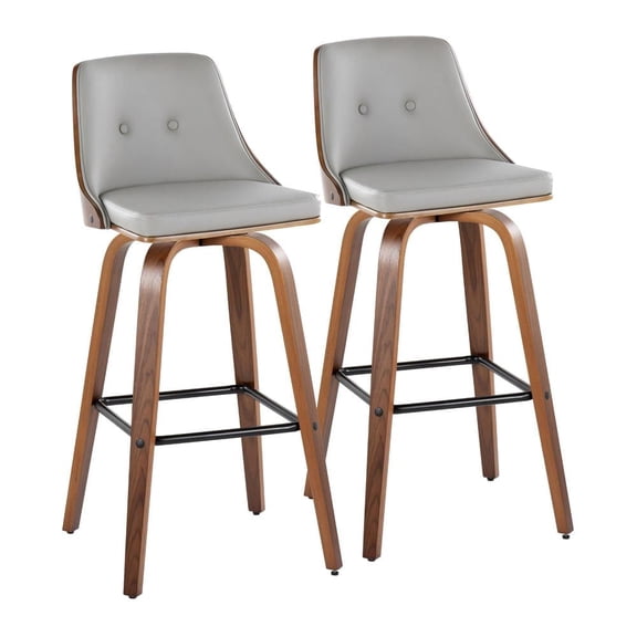 LumiSource Walnut Wood, Light Grey PU, Black Metal Gianna Fixed-Height Barstool - Set of 2