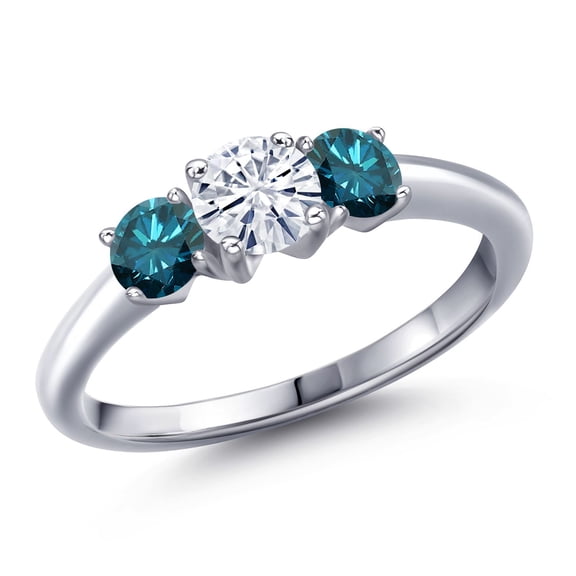 Gem Stone King 925 Sterling Silver White Moissanite and Blue Diamond Engagement Ring for Women | 1.04 Cttw | Round 5MM | Gemstone Birthstone | Size 7