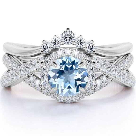 JeenMata 1.15 Carat Round Brilliant Created Aquamarine and Moissanite Halo Wedding Ring Set in 18k White Gold over Silver