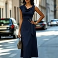thumbnail image 3 of Morttic Women's Solid Color Sleeveless Cowl Neck Midi Dress – Elegant Ruched Tied Waist A-Line Dress Office & Party Wear Navy Blue，M, 3 of 6