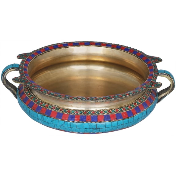 Exotic India Brass Urli Decorated With Inlay Work Brass Statue With Inlay Work - Tabletop Accent
