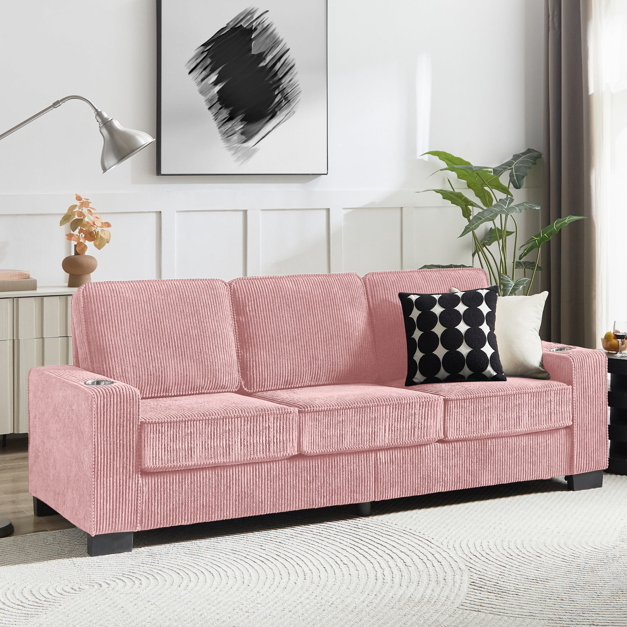Aukfa 84" Corduroy Sofa with Cup Holders, Modern 3-Seater Fabric Couch for Living Room, Pink
