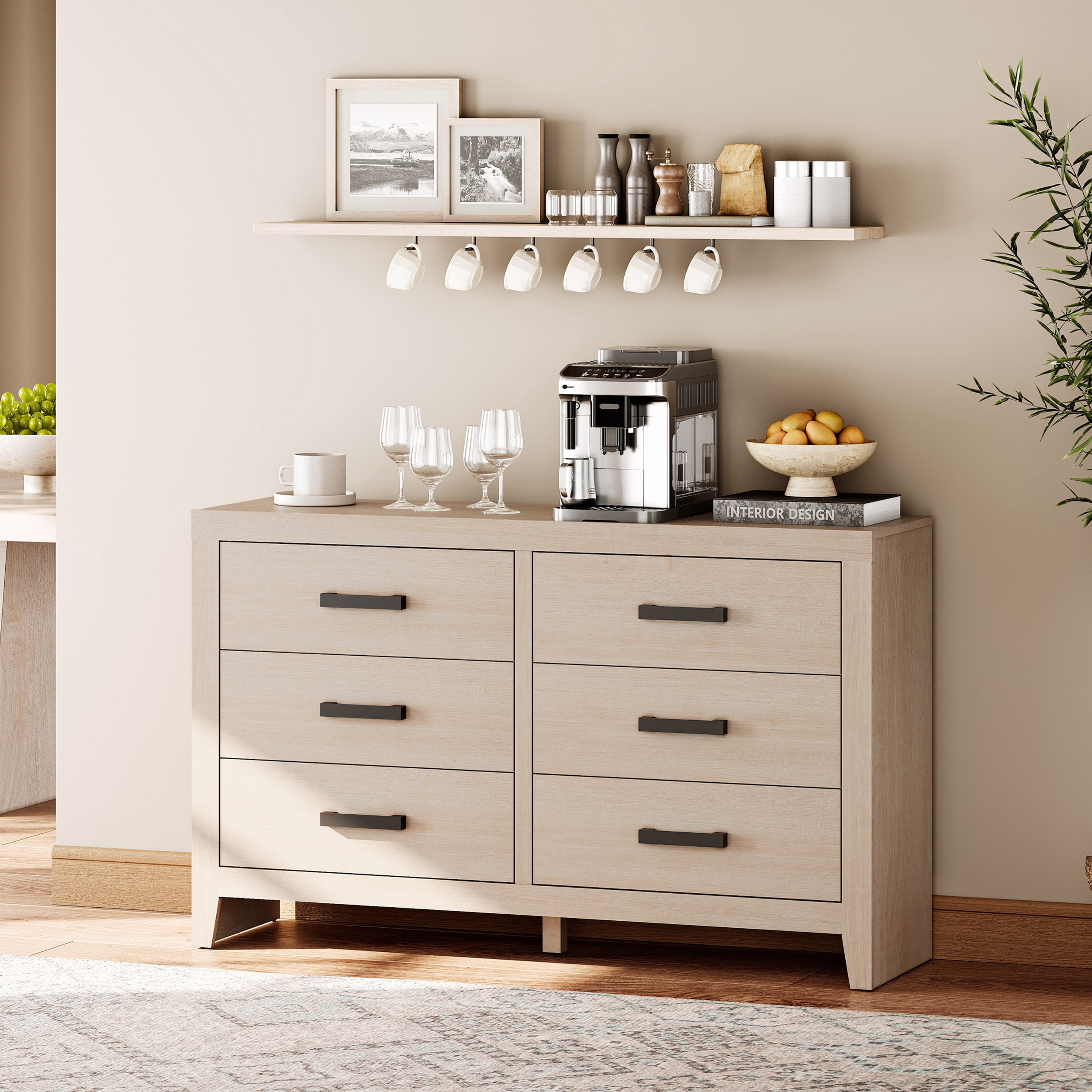 WAMPAT Farmhouse Wooden Sideboard with 6 Drawers, 53 Inch Wide Rustic Storage Sideboard Cabinet, Multi-Functional Buffet Cabinet for Living Room, Dinning Room, Beige